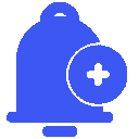 Blue notification bell icon with a plus sign.