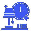 Icon of a desk lamp with a clock and coins, symbolizing work time and earnings.