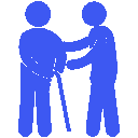 One person helping another walk with a cane.