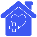 Blue house icon with heart and medical cross symbol.