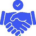 Blue handshake with checkmark symbolizing agreement or trust.