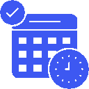Blue calendar with a checkmark and clock icon.