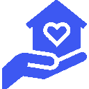 A blue hand holding a house with a heart symbol inside.