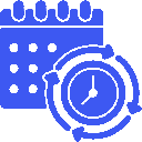 Blue calendar and clock icon representing scheduling.